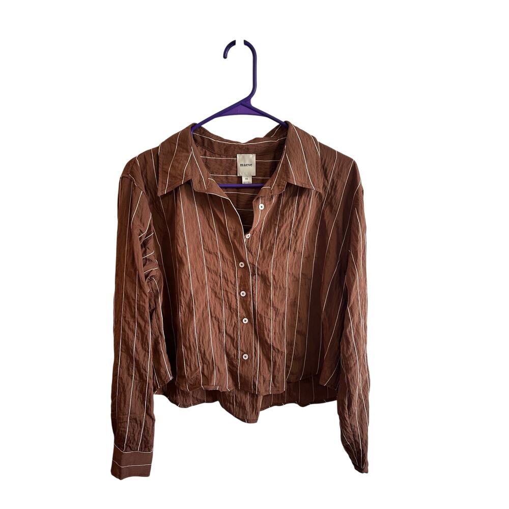 Anthropologie Maeve Brown Striped Button Up Shirt Cropped Sz XS Modal Blend Nice